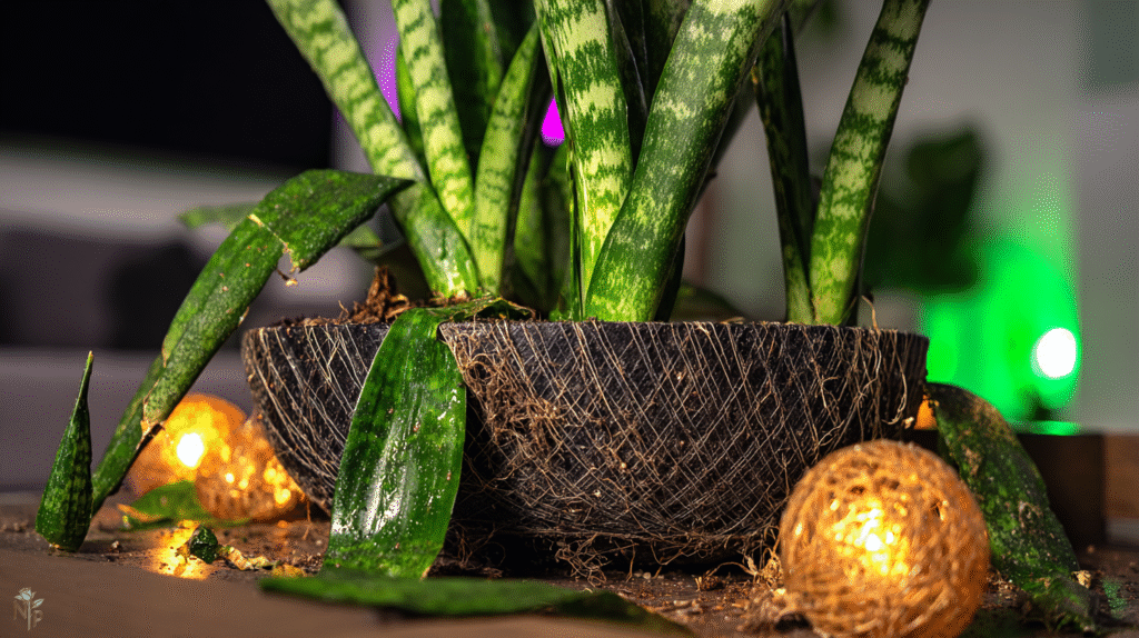 Snake plant in a decorative pot recovering with new shoots after pruning and repotting, bright green leaves.
