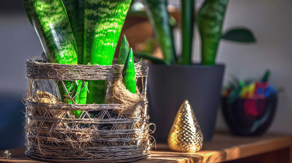 Snake plant in a decorative pot recovering with new shoots after pruning and repotting, bright green leaves.
