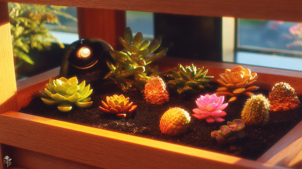 Indoor succulent garden illuminated by full-spectrum LED grow lights showcasing vibrant echeverias, jade plants, and haworthias on apartment shelves.
