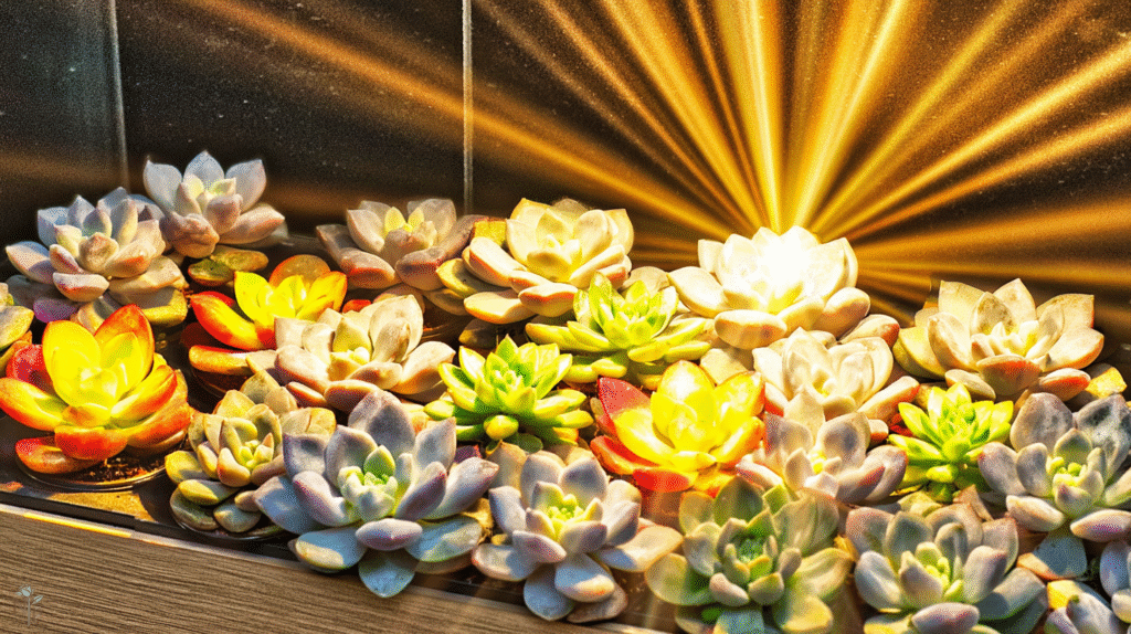 Indoor succulent garden illuminated by full-spectrum LED grow lights showcasing vibrant echeverias, jade plants, and haworthias on apartment shelves.
