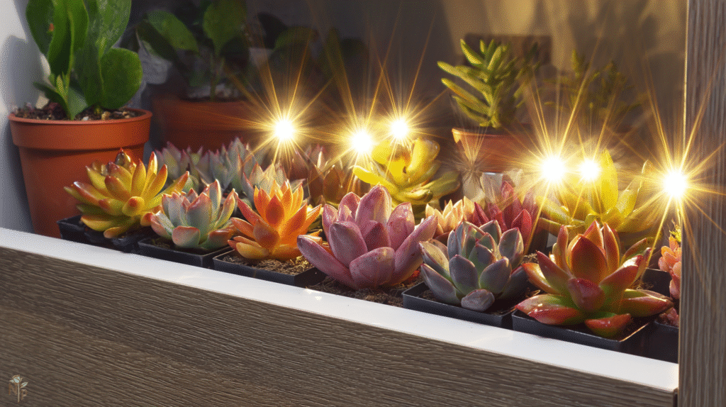 Indoor succulent garden illuminated by full-spectrum LED grow lights showcasing vibrant echeverias, jade plants, and haworthias on apartment shelves.
