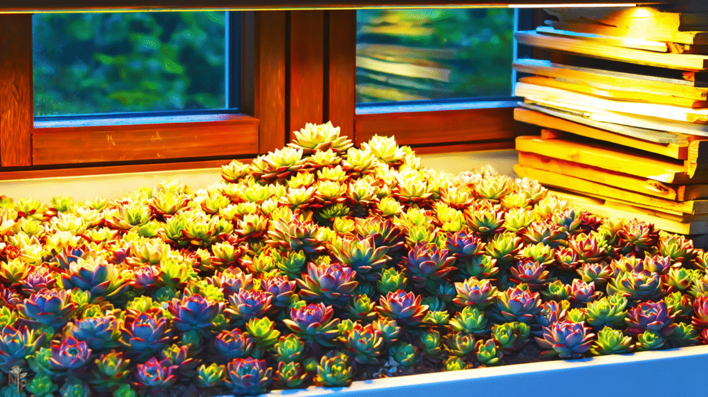 Healthy succulents thriving under full spectrum LED grow light panel indoors