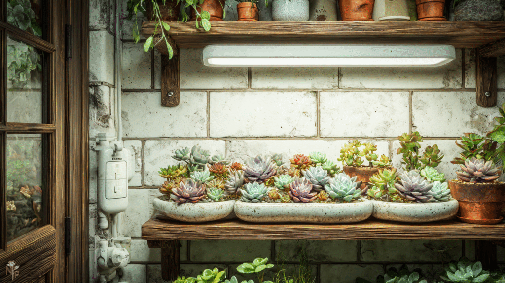 Healthy succulents thriving under full spectrum LED grow light panel indoors