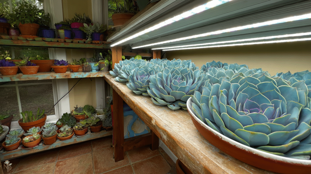 Healthy succulents thriving under full spectrum LED grow light panel indoors
