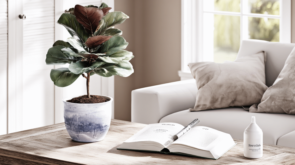 Thriving fiddle leaf fig in a cozy living room with natural light and plant care tools nearby