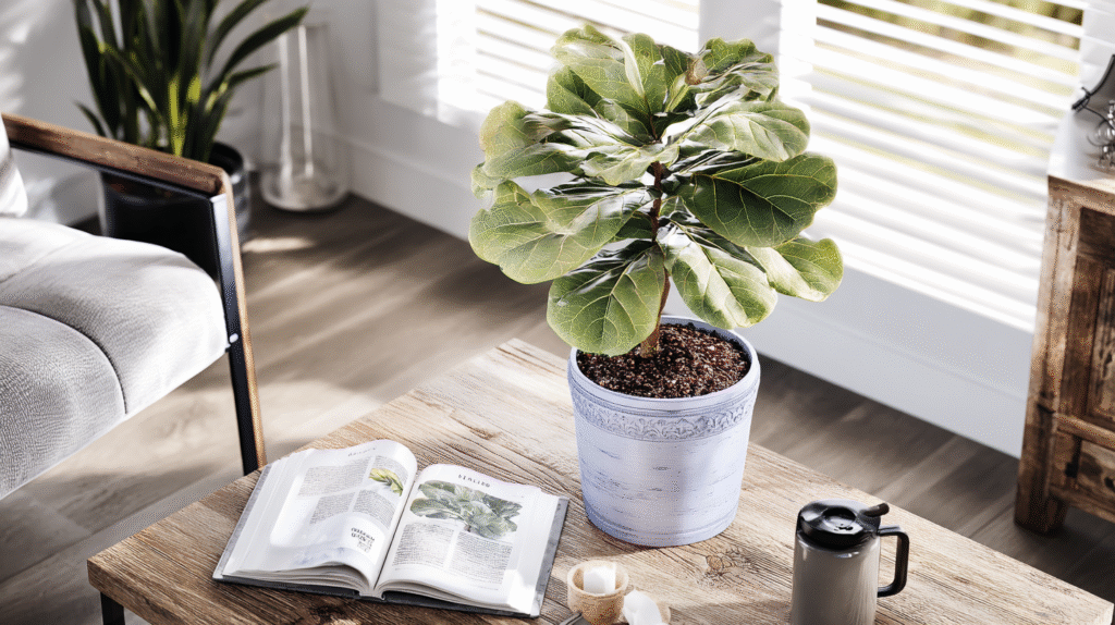 Thriving fiddle leaf fig in a cozy living room with natural light and plant care tools nearby