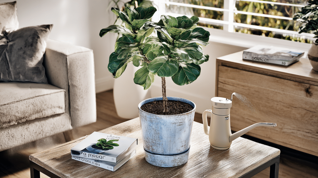 Thriving fiddle leaf fig in a cozy living room with natural light and plant care tools nearby