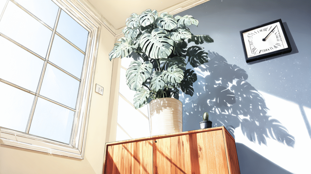 A healthy Monstera plant in a ceramic pot by a sunny window in a cozy modern room
