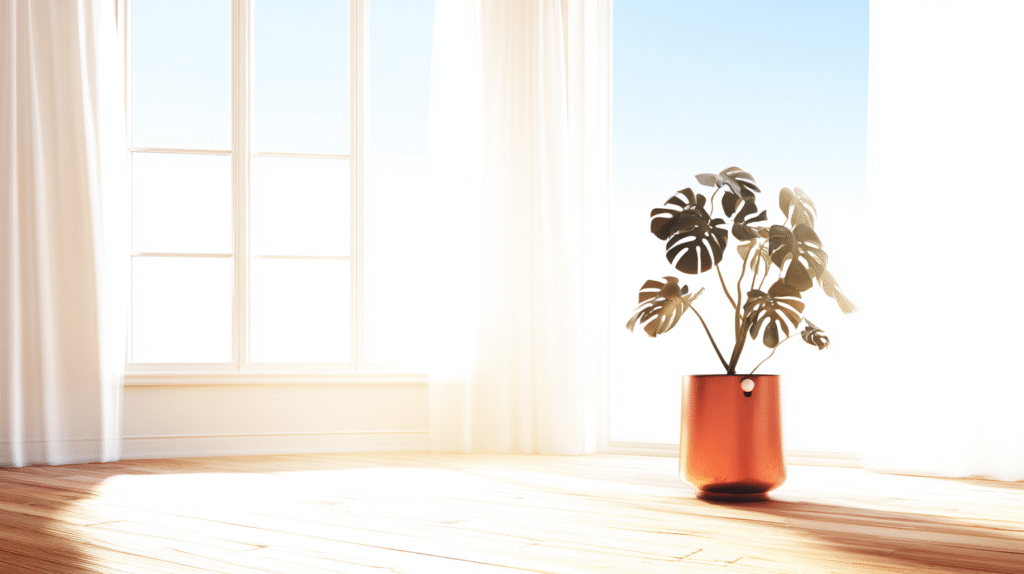 A healthy Monstera plant in a ceramic pot by a sunny window in a cozy modern room
