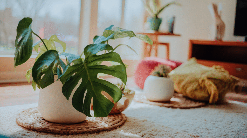 A healthy Monstera plant in a ceramic pot by a sunny window in a cozy modern room
