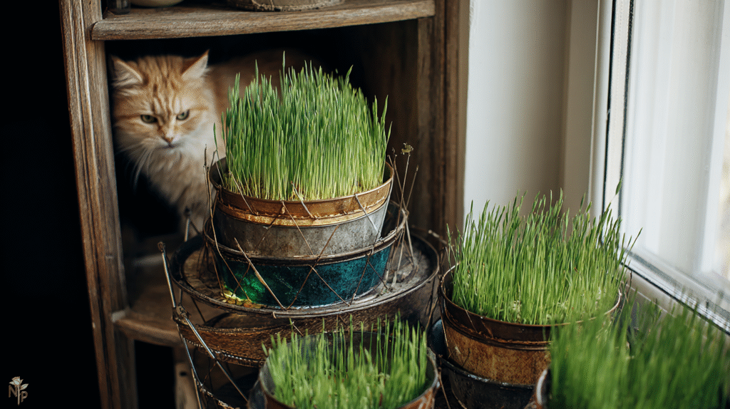 Indoor cat grass containers with wheatgrass, oat grass, barley, and rye grass, cats grazing happily in a kitchen setting.
