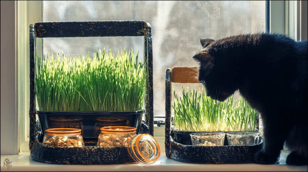 Indoor cat grass containers with wheatgrass, oat grass, barley, and rye grass, cats grazing happily in a kitchen setting.
