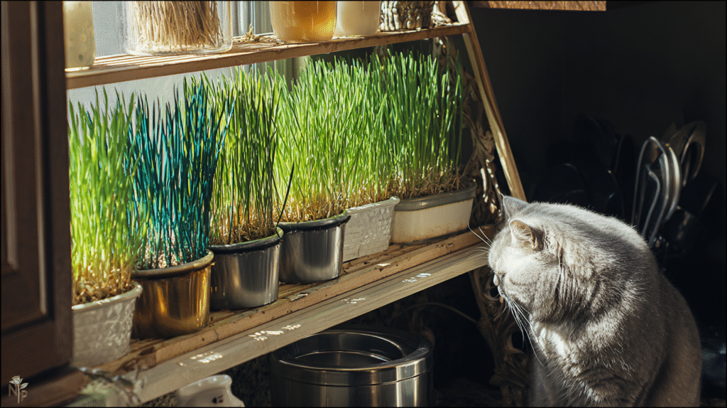 Indoor cat grass containers with wheatgrass, oat grass, barley, and rye grass, cats grazing happily in a kitchen setting.
