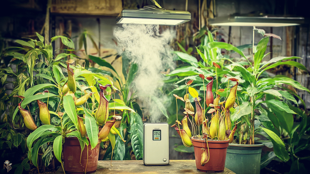 Close-up of tropical Nepenthes pitcher plants in moist airy media, showing healthy pitchers under LED grow lights inside a humid grow tent.