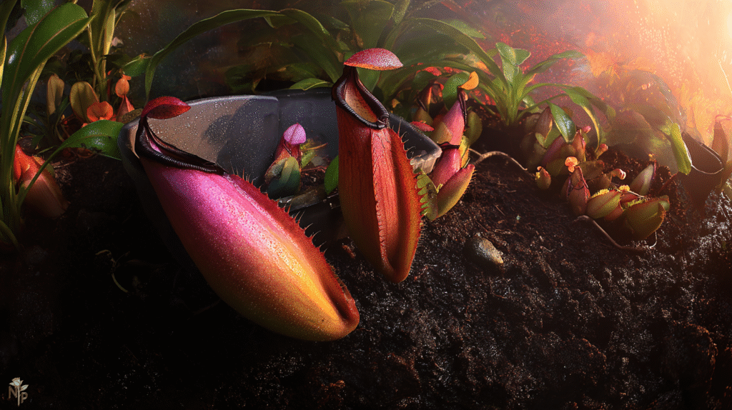 Close-up of tropical Nepenthes pitcher plants in moist airy media, showing healthy pitchers under LED grow lights inside a humid grow tent.  
