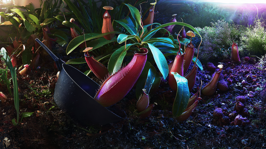 Close-up of tropical Nepenthes pitcher plants in moist airy media, showing healthy pitchers under LED grow lights inside a humid grow tent.