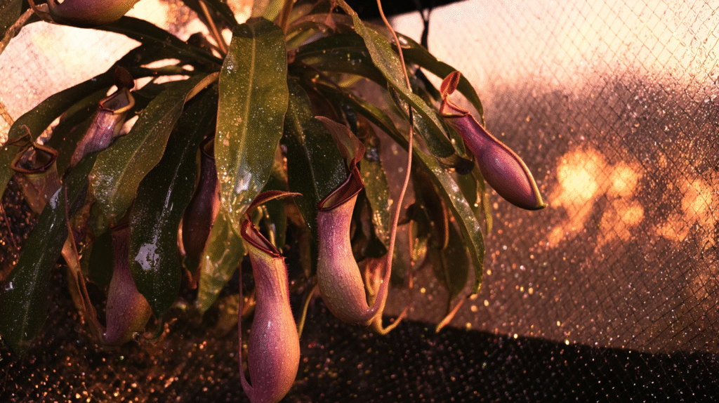 Close-up of a vibrant tropical Nepenthes pitcher plant with glossy leaves and dew-covered colorful pitchers inside a humid grow tent under LED lights.