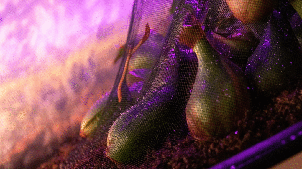 Close-up of a vibrant tropical Nepenthes pitcher plant with glossy leaves and dew-covered colorful pitchers inside a humid grow tent under LED lights.
