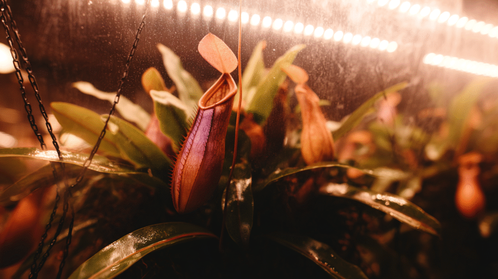Close-up of a vibrant tropical Nepenthes pitcher plant with glossy leaves and dew-covered colorful pitchers inside a humid grow tent under LED lights.