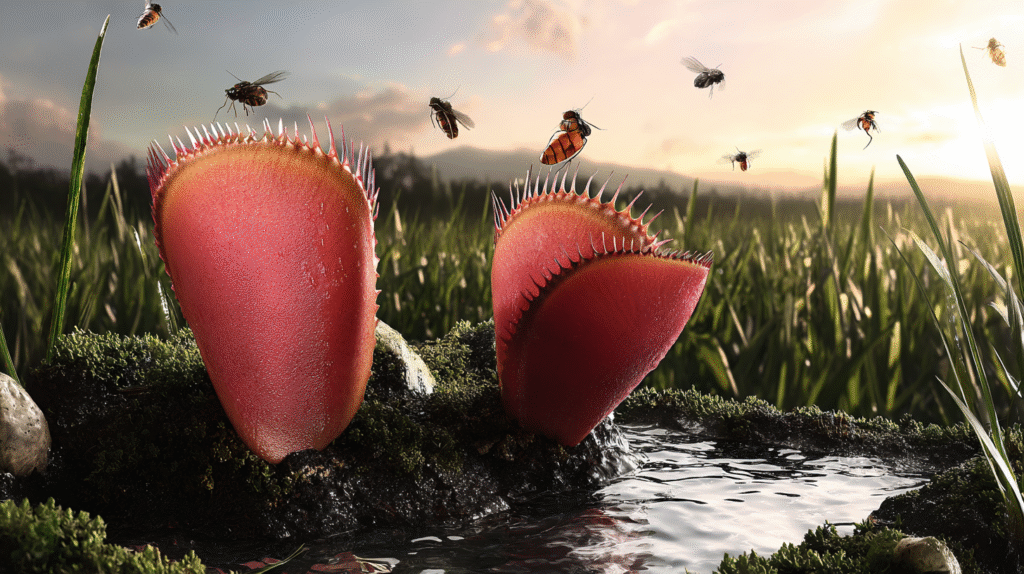 Close-up of a vibrant Venus flytrap catching a fly, with red traps, mossy soil, and sunlight sparkles.