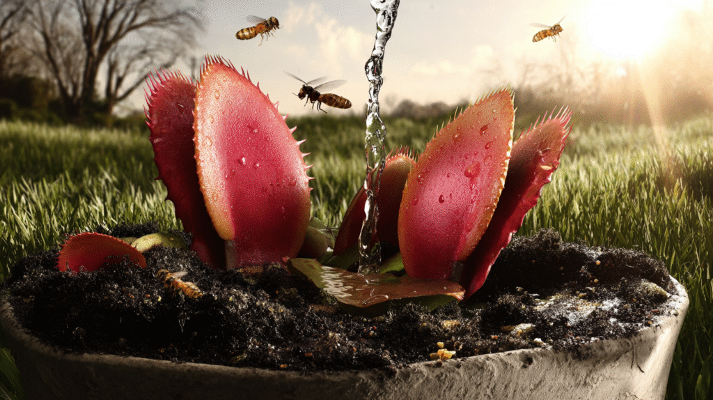 Close-up of a vibrant Venus flytrap catching a fly, with red traps, mossy soil, and sunlight sparkles.