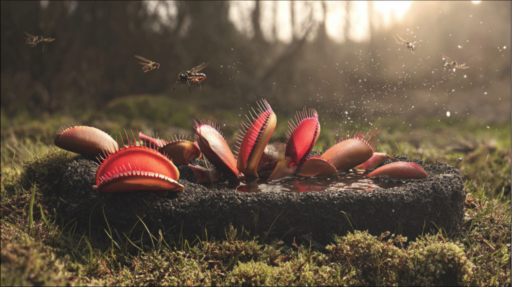 Close-up of a vibrant Venus flytrap catching a fly, with red traps, mossy soil, and sunlight sparkles.