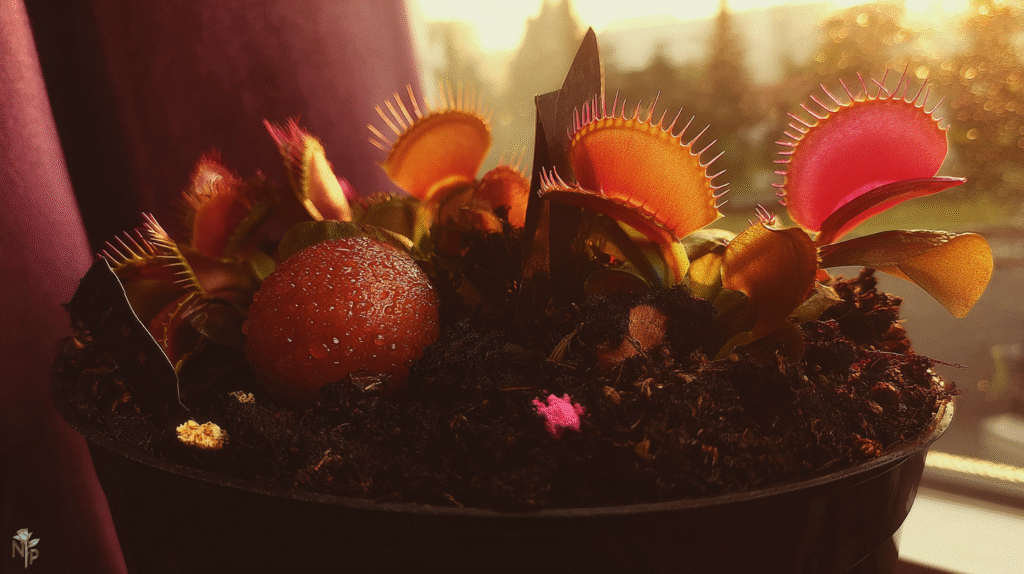 Close-up of a healthy Venus flytrap sitting in a shallow water tray with moist peat moss soil indoors