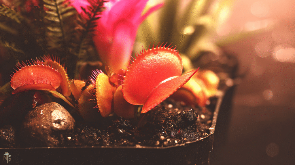 Venus flytrap under bright LED grow light indoors with vivid red trap interiors