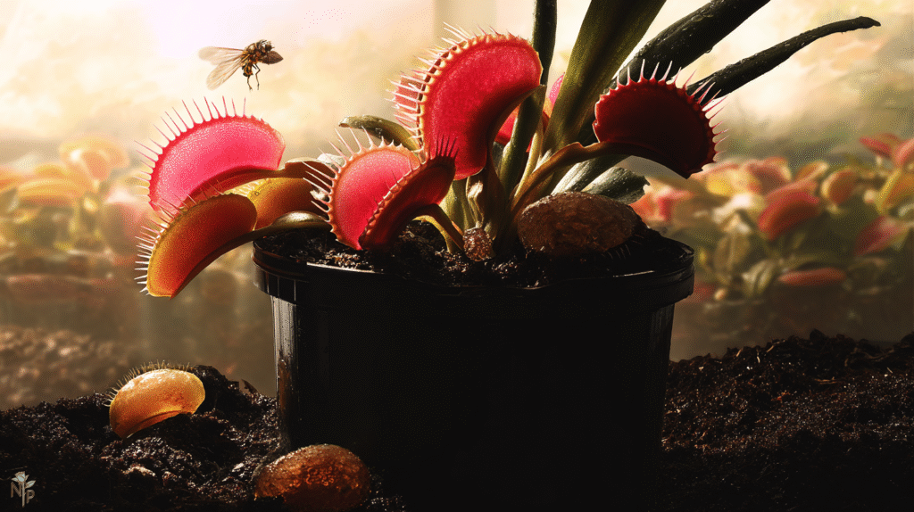 Indoor Venus flytrap setup near a window with natural light, peat soil, and a cold garage dormancy space visible in the background