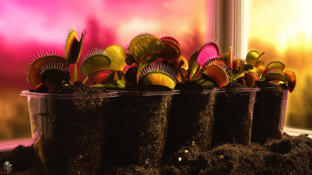 Indoor Venus flytraps with active traps catching insects in water tray pots under sunlight and humid conditions
