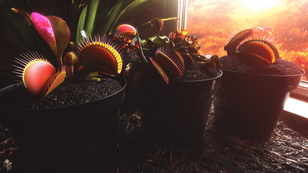 Indoor Venus flytraps with active traps catching insects in water tray pots under sunlight and humid conditions
