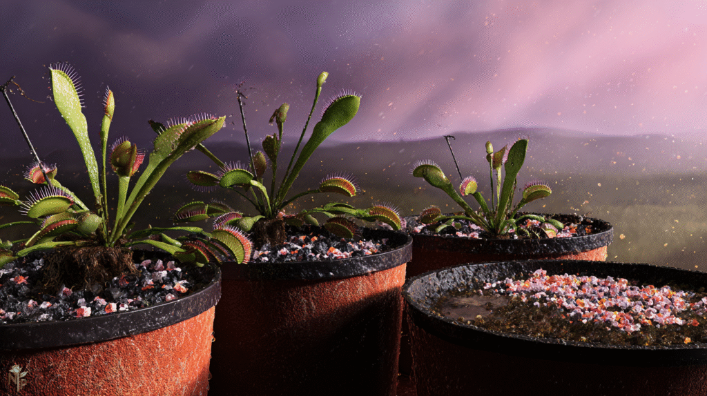 Indoor Venus flytraps with active traps catching insects in water tray pots under sunlight and humid conditions
