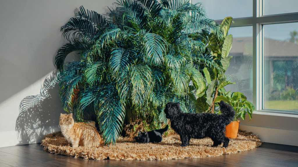 Large, healthy Areca Bamboo Palm in a stylish living room, creating a tropical and lush indoor environment.  
