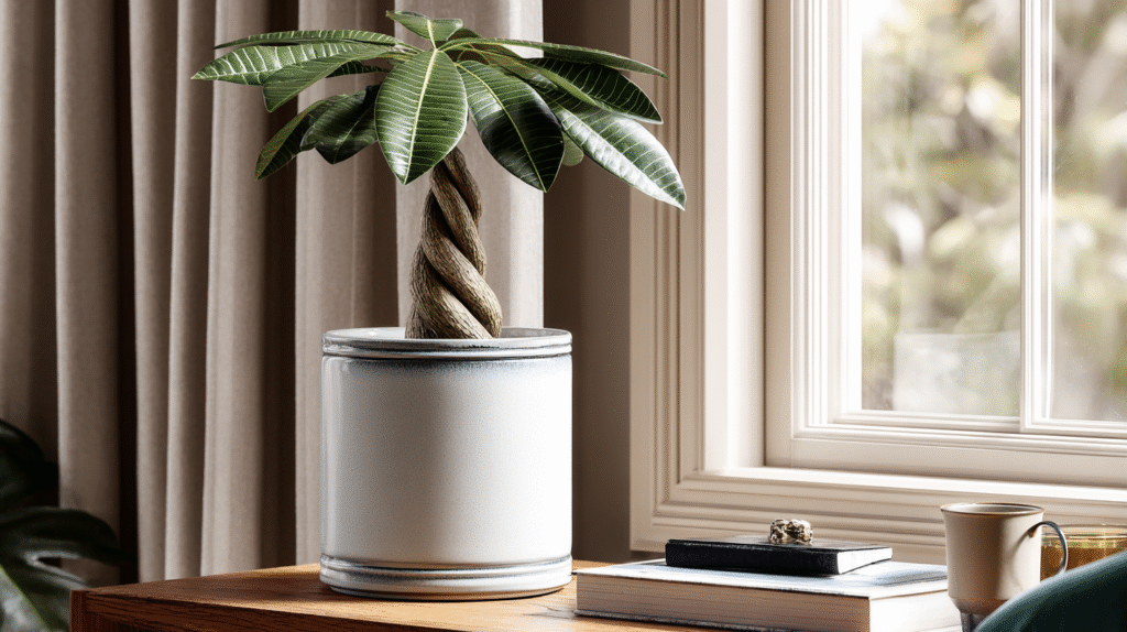 Healthy Money Tree plant thriving indoors near a bright window, with vibrant green leaves and braided trunk.
