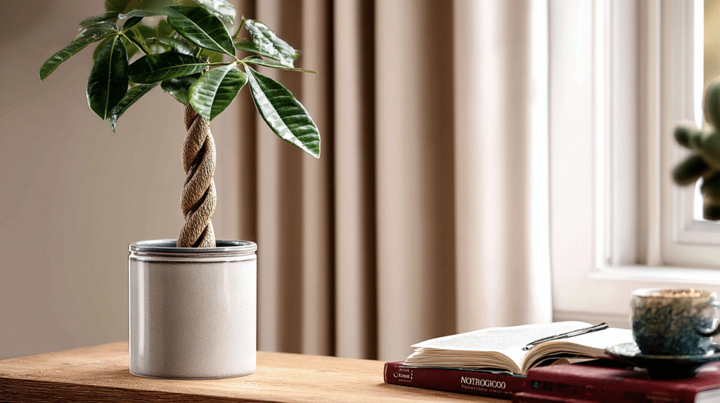 Healthy Money Tree plant thriving indoors near a bright window, with vibrant green leaves and braided trunk.
