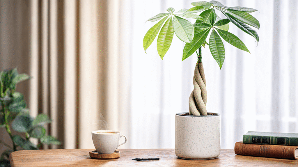 Healthy Money Tree plant thriving indoors near a bright window, with vibrant green leaves and braided trunk.
