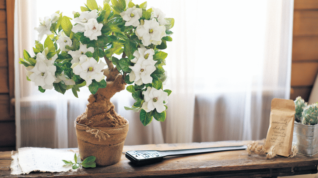 A blooming gardenia with white petals and deep green leaves placed on a windowsill in morning light.  