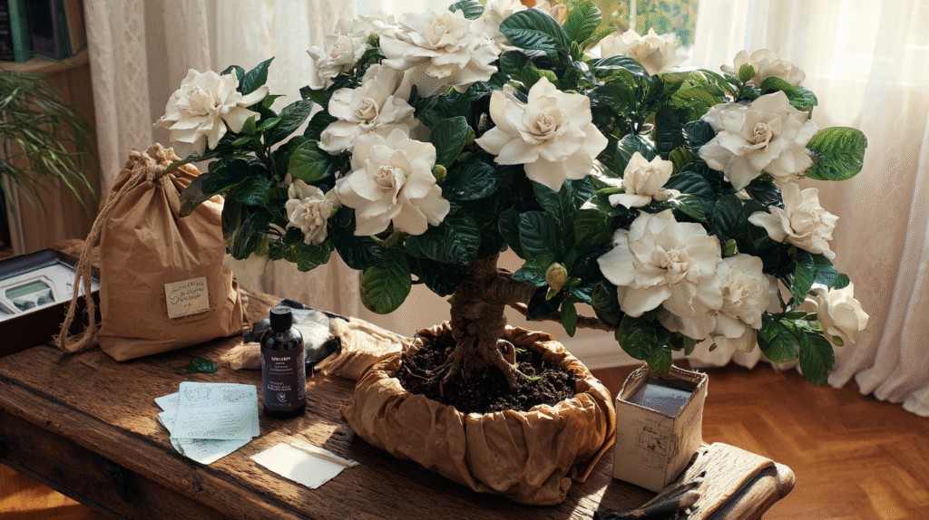 A gardenia plant beside a calendar marked with gift dates like Mother’s Day and Spring Birthday.  