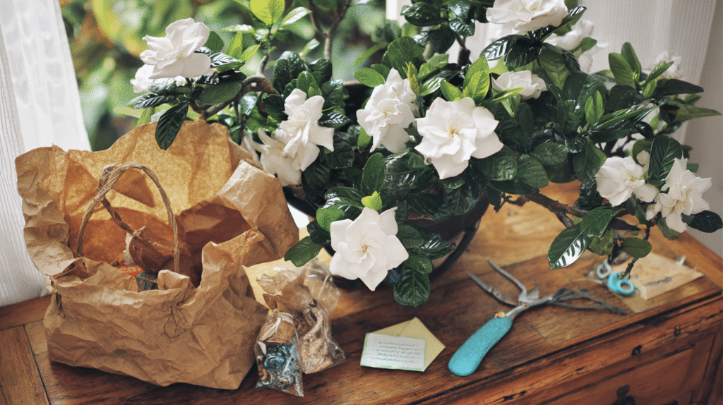 A smiling person holding a healthy gardenia plant on a sunny patio, surrounded by lush greenery.  
