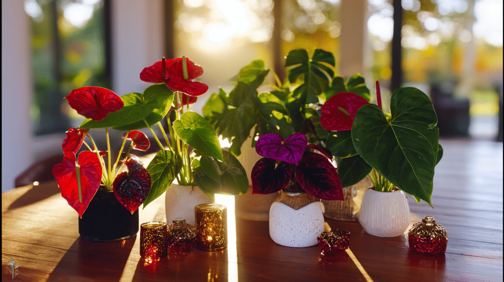Colorful anthurium plants with heart-shaped leaves displayed indoors by a sunny window
