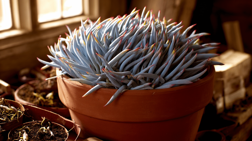 Close-up of a blue chalksticks succulent (Senecio serpens) with powdery pastel blue finger-like leaves cascading from a terracotta pot indoors.