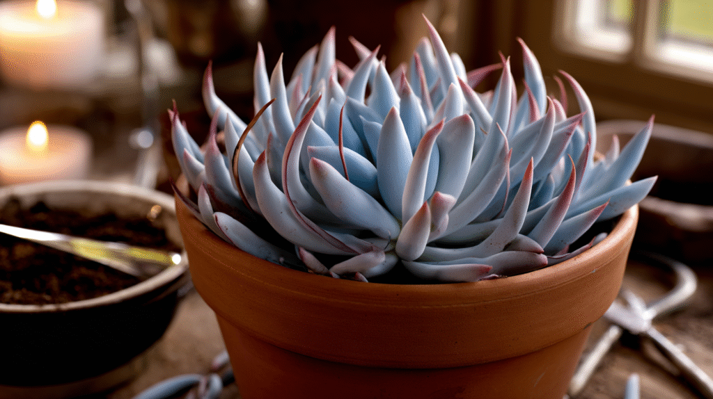 Close-up of a blue chalksticks succulent (Senecio serpens) with powdery pastel blue finger-like leaves cascading from a terracotta pot indoors.
