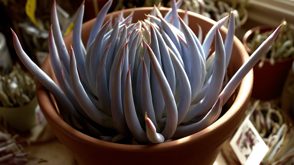 Close-up of a blue chalksticks succulent (Senecio serpens) with powdery pastel blue finger-like leaves cascading from a terracotta pot indoors.