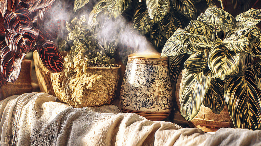 Variety of Calathea houseplants with vibrant patterned leaves arranged around a humidifier in a bright indoor setting.  