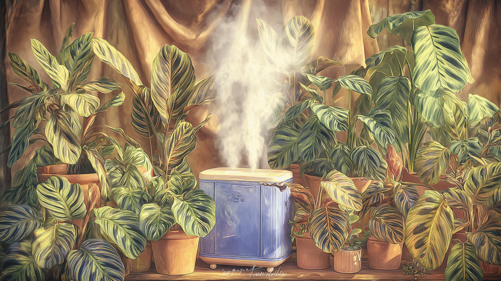 Variety of Calathea houseplants with vibrant patterned leaves arranged around a humidifier in a bright indoor setting.  