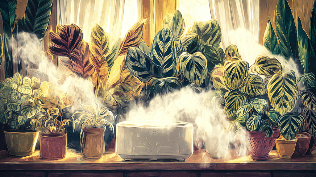 Variety of Calathea houseplants with vibrant patterned leaves arranged around a humidifier in a bright indoor setting.  