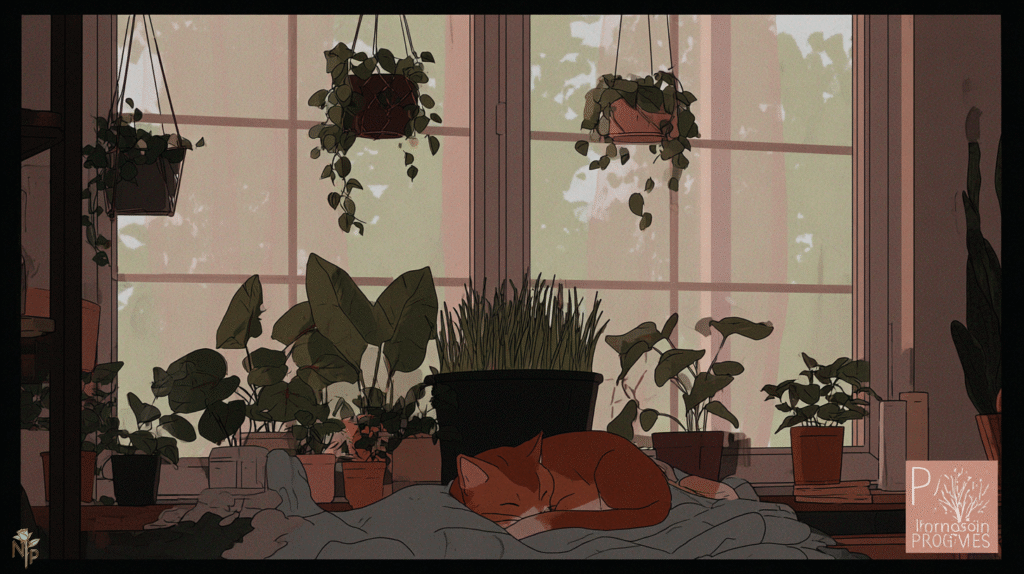 Cat happily eating fresh cat grass on sunny windowsill surrounded by healthy houseplants
