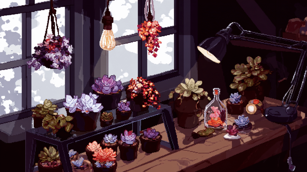 A cozy indoor succulent setup featuring echeveria, jade, and string of pearls under LED grow lights on shelves and a desk.
