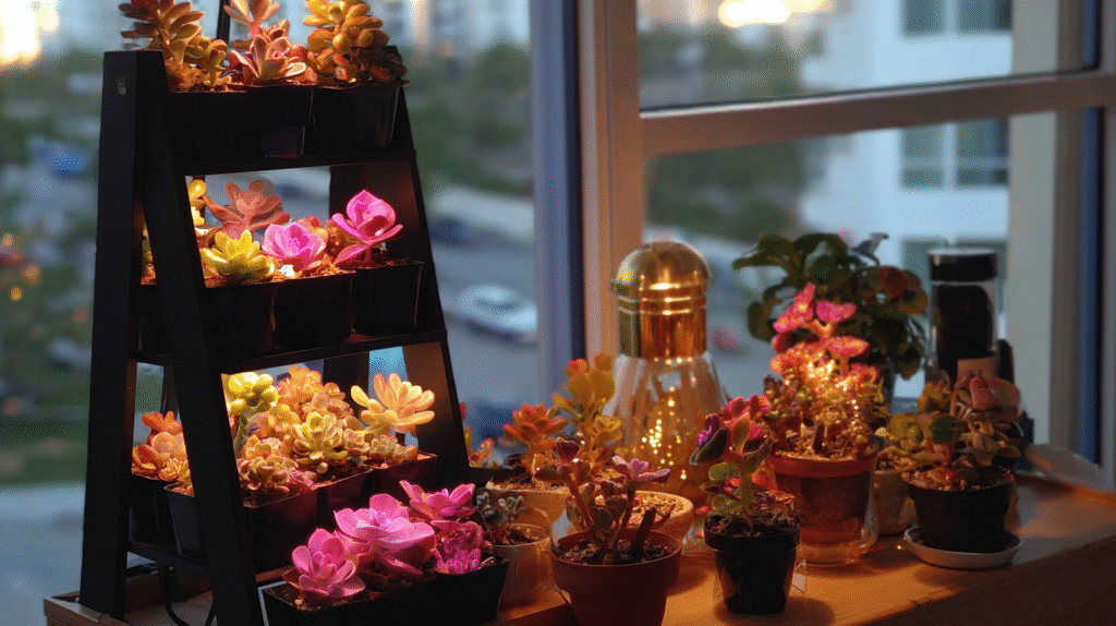 A cozy indoor succulent setup featuring echeveria, jade, and string of pearls under LED grow lights on shelves and a desk.