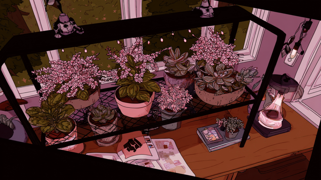 A cozy indoor succulent setup featuring echeveria, jade, and string of pearls under LED grow lights on shelves and a desk.